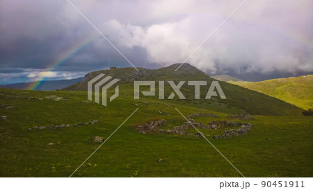 Landscape of Mavrovo national park with rainbow, mountain and lake, FYR Macedonia Landscape of Mavrovo national park with rainbow, mountain and lake, FYR Macedonia 90451911