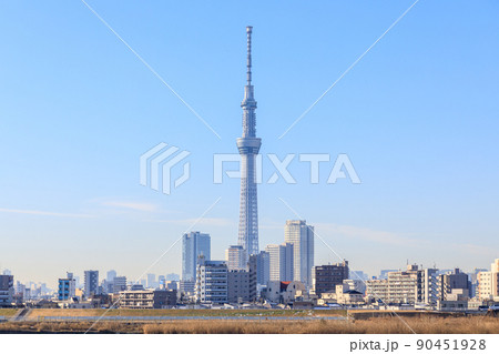 「東京都」葛飾区　荒川河川敷から眺める東京スカイツリー 90451928