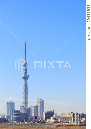 「東京都」葛飾区　荒川河川敷から眺める東京スカイツリー 90451933