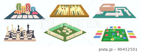 Board games. Playful funny attractions for kids dices cards chess puzzles tower with bricks exact vector cartoon colored templates 90452501