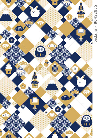 色々なお正月の縁起物アイコン×和文様　卯年版　シームレスパターン（紺） 90452955