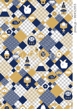 色々なお正月の縁起物アイコン×和文様　卯年版　シームレスパターン（紺） 90452955