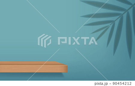 Realistic wooden product podium with palm leave shadow on the background Vector 90454212