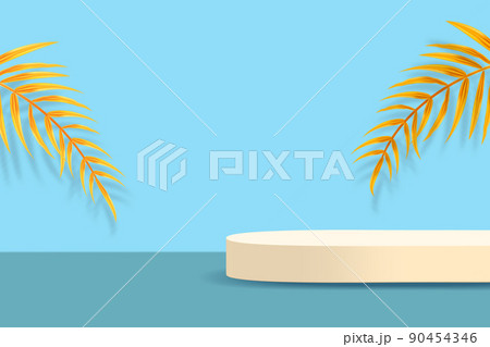 3d product stand on abstract background with tropical palm leaves 90454346