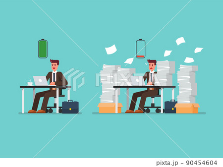 Full battery man and low battery man sitting at table with laptop and pile of papers 90454604