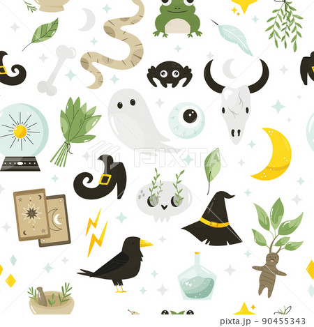Seamless pattern with magic items, symbols and tools. 90455343