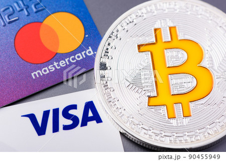Visa and Mastercard plastic credit payment cards with Bitcoin coin Visa and Mastercard plastic credit payment cards with Bitcoin coin 90455949