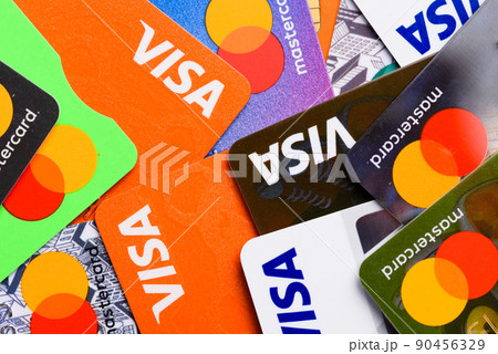 Visa and MasterCard plastic credit payment cards top view Visa and MasterCard plastic credit payment cards top view 90456329