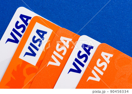 Row of Visa plastic credit payment cards top view Row of Visa plastic credit payment cards top view 90456334