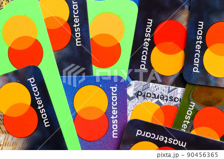 Mastercard plastic credit payment cards top view Mastercard plastic credit payment cards top view 90456365
