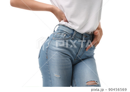 Woman wearing jeans on white background, closeup 90456569