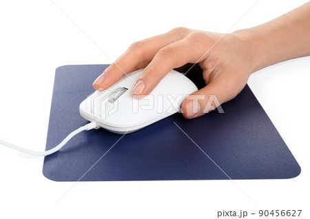 Woman with wired mouse and blue pad isolated on white, closeup 90456627
