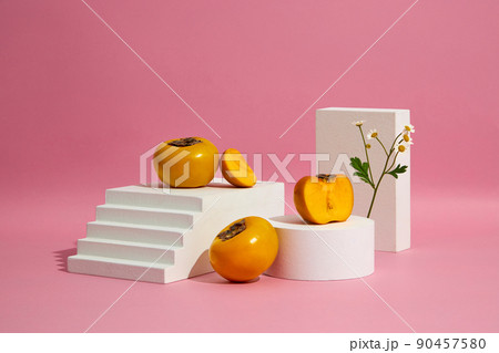 Front view of white stairway , podium , flowers in trendy pink background and blank space for advertising Front view of white stairway , podium , flowers in trendy pink background and blank space for advertising 90457580