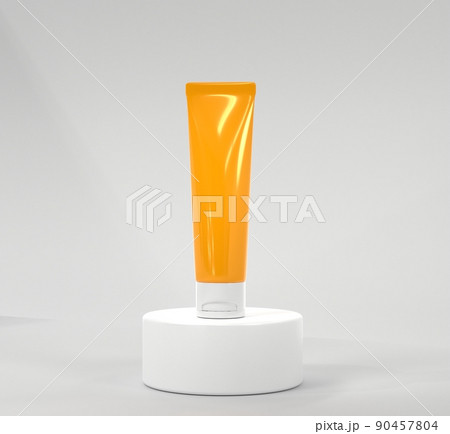3D Sunscreen tube on podium mock up banner. Beauty cosmetic cream, skincare lotion, blank orange container on white background. Sunblock bottle on cylindrical stage for display product, 3d render 90457804