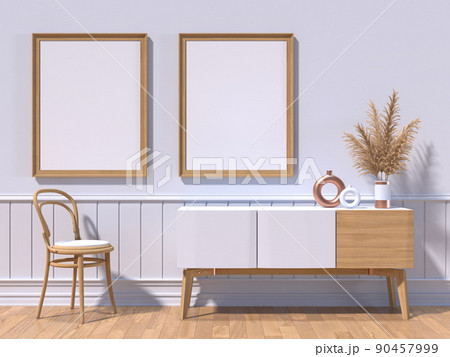 Mock up poster frames with wooden chair and dried plant in modern interior 90457999