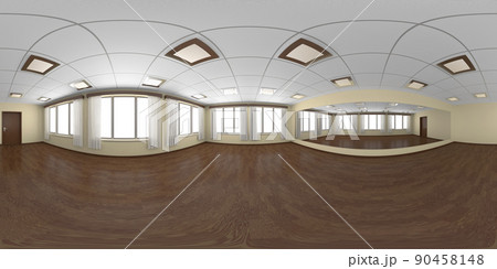Empty dance-hall with yellow walls and wooden parquet 360 degrees panorama 90458148
