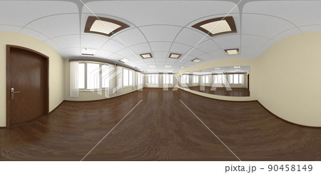 Empty ballroom with yellow walls and wooden parquet 360 degrees panorama 90458149