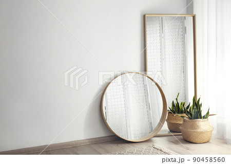 Mirrors and potted plant near window in light room 90458560