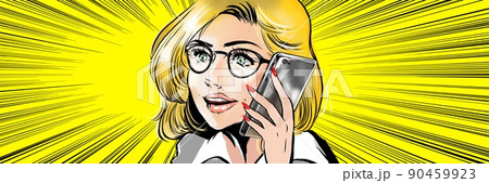 セクシーな金髪美女キャリアウーマンが仕事の電話に出るアメコミ風カラーイラスト 90459923