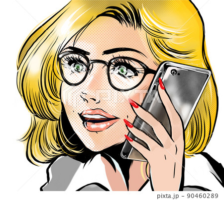 セクシーな金髪美女キャリアウーマンが仕事の電話に出るアメコミ風カラーイラスト 90460289