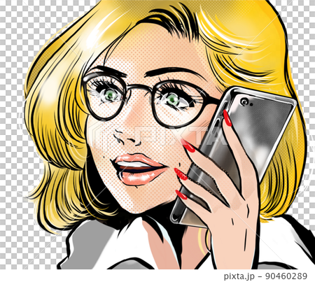 セクシーな金髪美女キャリアウーマンが仕事の電話に出るアメコミ風カラーイラスト 90460289