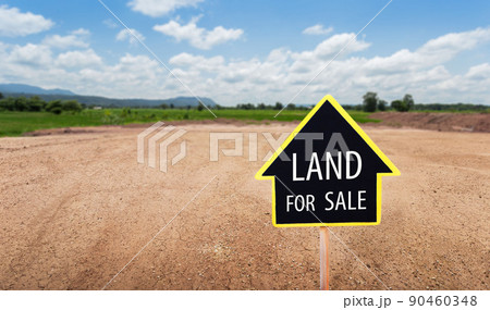 land for sale sign against trimmed lawn background. Empty dry cracked swamp reclamation soil, land plot for housing construction project in rural area and beautiful blue sky 90460348