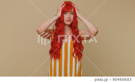 Young woman waiting for good luck, loses becoming surprised sudden lottery results, bad fortune loss Young woman waiting for good luck, loses becoming surprised sudden lottery results, bad fortune loss 90460683