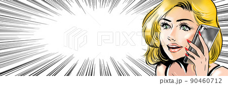 セクシーなアメリカ人金髪美女が電話に出るアメコミ風カラーイラスト 90460712