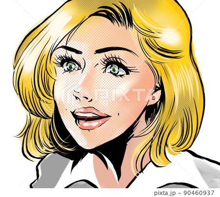 セクシーなアメリカ人金髪美女キャリアウーマンが微笑むアメコミ風カラーイラストのイラスト素材