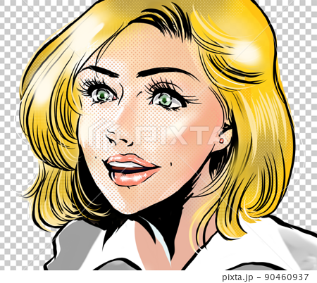 セクシーなアメリカ人金髪美女キャリアウーマンが微笑むアメコミ風カラーイラストのイラスト素材