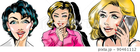セクシーなレトロ金髪美女、キャリアウーマンが集合したアメコミ風カラーイラスト 90461112