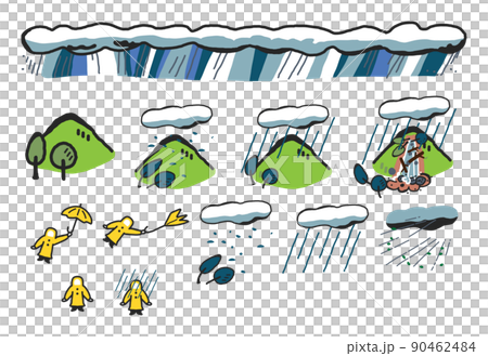 緊急!豪雨による自然災害はそこまで迫ったいます! セット イラスト素材 緊急!豪雨による自然災害はそこまで迫ったいます! セット イラスト素材 90462484