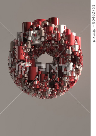 Abstract ring torus of glossy glass and plastic spheres, red color 3D render 90462751