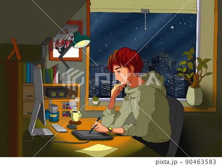 深夜にパソコンで絵を描く若い男性のイラストレーターのイラストのイラスト素材