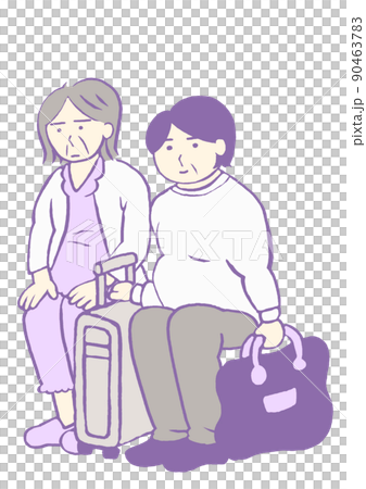 一位在癡呆症病房住院的老年婦女和一個表情溫和的家庭的插圖 90463783