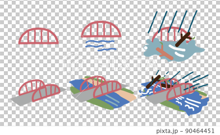 一組因災難而改變外觀的河流狀況插圖素材 90464451