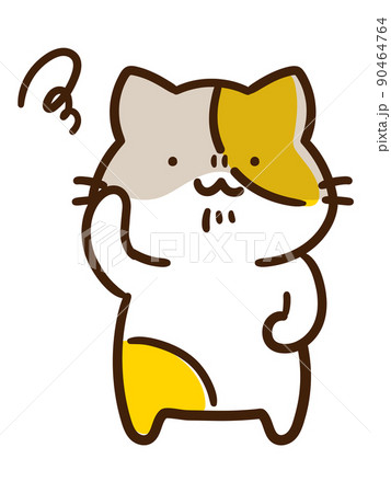 頭を悩ませるかわいいねこのデフォルメ手描きイラストのイラスト素材