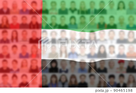 Portraits of many people on the background of the flag of the United Arab Emirates. The concept of the population and demographic state of the country Portraits of many people on the background of the flag of the United Arab Emirates. The concept of the population and demographic state of the country 90465198
