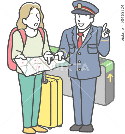 駅の改札で、駅員に地図を見せながら乗換方法を聞く外国人女性 90465224