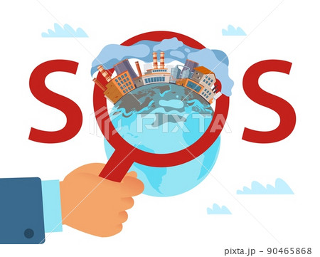 Environmental emergency. Earth with smoking factory, air pollution emissions, inscription sos, stop global warming, save planet poster, eco problems. Vector cartoon flat ecology concept Environmental emergency. Earth with smoking factory, air pollution emissions, inscription sos, stop global warming, save planet poster, eco problems. Vector cartoon flat ecology concept 90465868