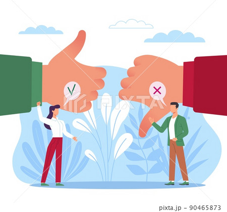 Choose between positive and negative. Decision making, comparison of pros and cons, huge hand gestures, tiny people thinking, right and wrong way, vector cartoon flat isolated concept Choose between positive and negative. Decision making, comparison of pros and cons, huge hand gestures, tiny people thinking, right and wrong way, vector cartoon flat isolated concept 90465873
