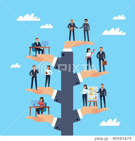 Business management. Hierarchy of employees in company, different departments, career growth, professional development opportunities. Leader and subordinates. Vector cartoon flat concept Business management. Hierarchy of employees in company, different departments, career growth, professional development opportunities. Leader and subordinates. Vector cartoon flat concept 90465874