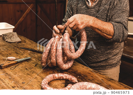 Handmade sausage preparation, Argentine tradition,  90465973