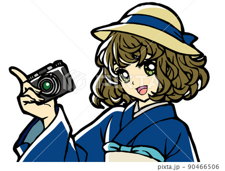 カメラを持った着物少女の上半身イラスト カメラを持った着物少女の上半身イラスト 90466506