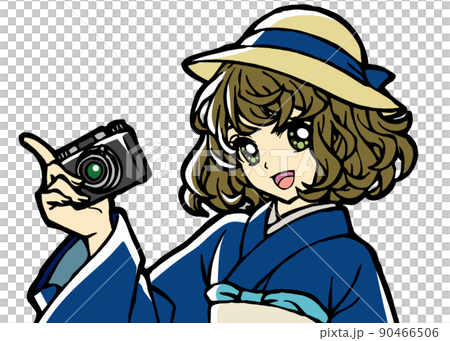 カメラを持った着物少女の上半身イラスト カメラを持った着物少女の上半身イラスト 90466506