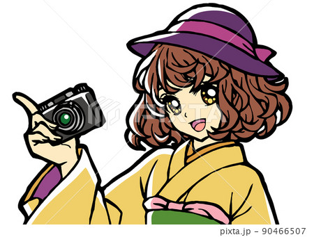 カメラを持った着物少女の上半身イラスト カメラを持った着物少女の上半身イラスト 90466507