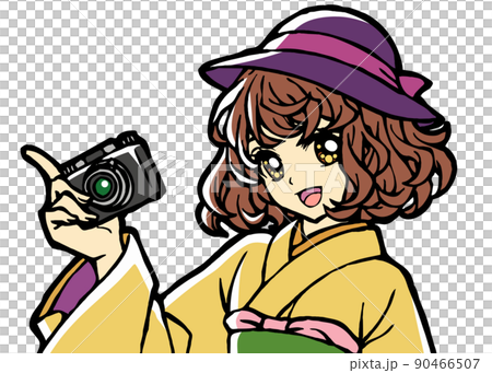 カメラを持った着物少女の上半身イラスト カメラを持った着物少女の上半身イラスト 90466507