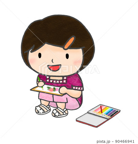 色鉛筆手描きイラスト スケッチを楽しむ小学生の女の子のイラスト素材