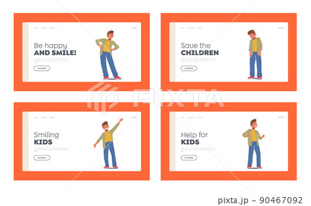 Different Kid Emotions Landing Page Template Set. Teen Boy Facial Expression, Sad, Happy, Angry, Confident and Bored Different Kid Emotions Landing Page Template Set. Teen Boy Facial Expression, Sad, Happy, Angry, Confident and Bored 90467092