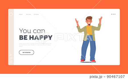 Positive Facial Expression Landing Page Template. Happy Little Boy with Raised Arms and Wide Smile, Kid Emotion of Joy 90467107